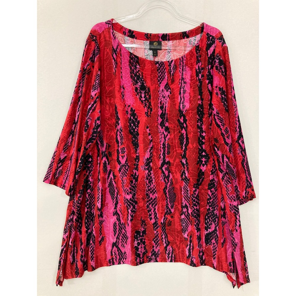 JM Collection Tunic Top 3X Red Pink Snakeskin Animal Print 3/4 Sleeve Stretch